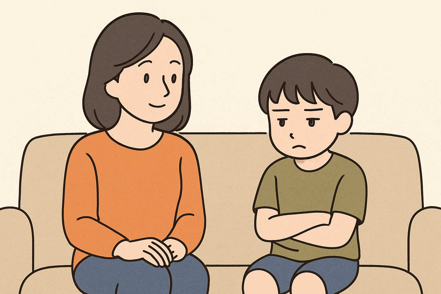 お母さんの横で無言で座る子