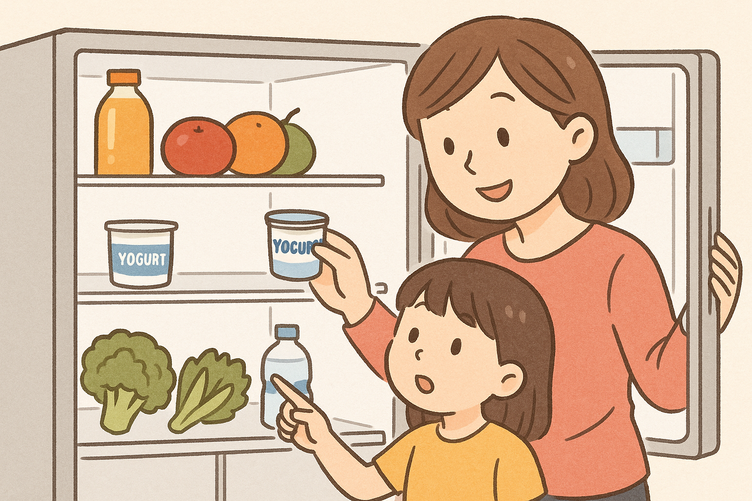 冷蔵庫の中をチェックする親子